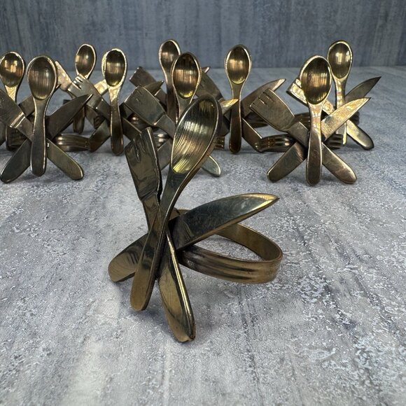 12 Vintage Brass Napkin Rings Fork Knife Spoon Design Table Decor Retro VTG Mcm - Picture 3 of 8